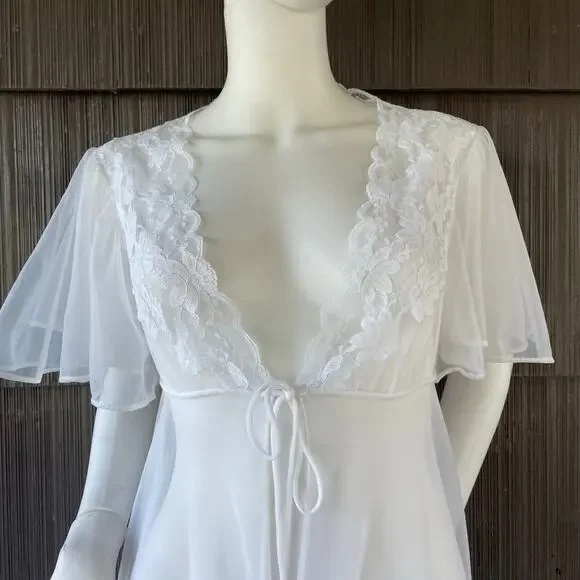Vintage Val Mode Fairy Sheer Nylon Short flutter Sleeve Lace White Maxi Robe S-M - Picture 5 of 16